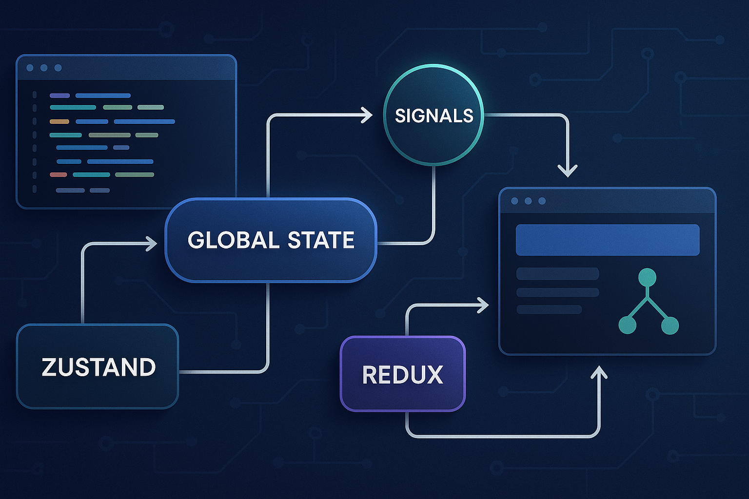 Estado global en frontend sin sufrir: Redux, Zustand, Signals y otros dolores - visual explicativa 1