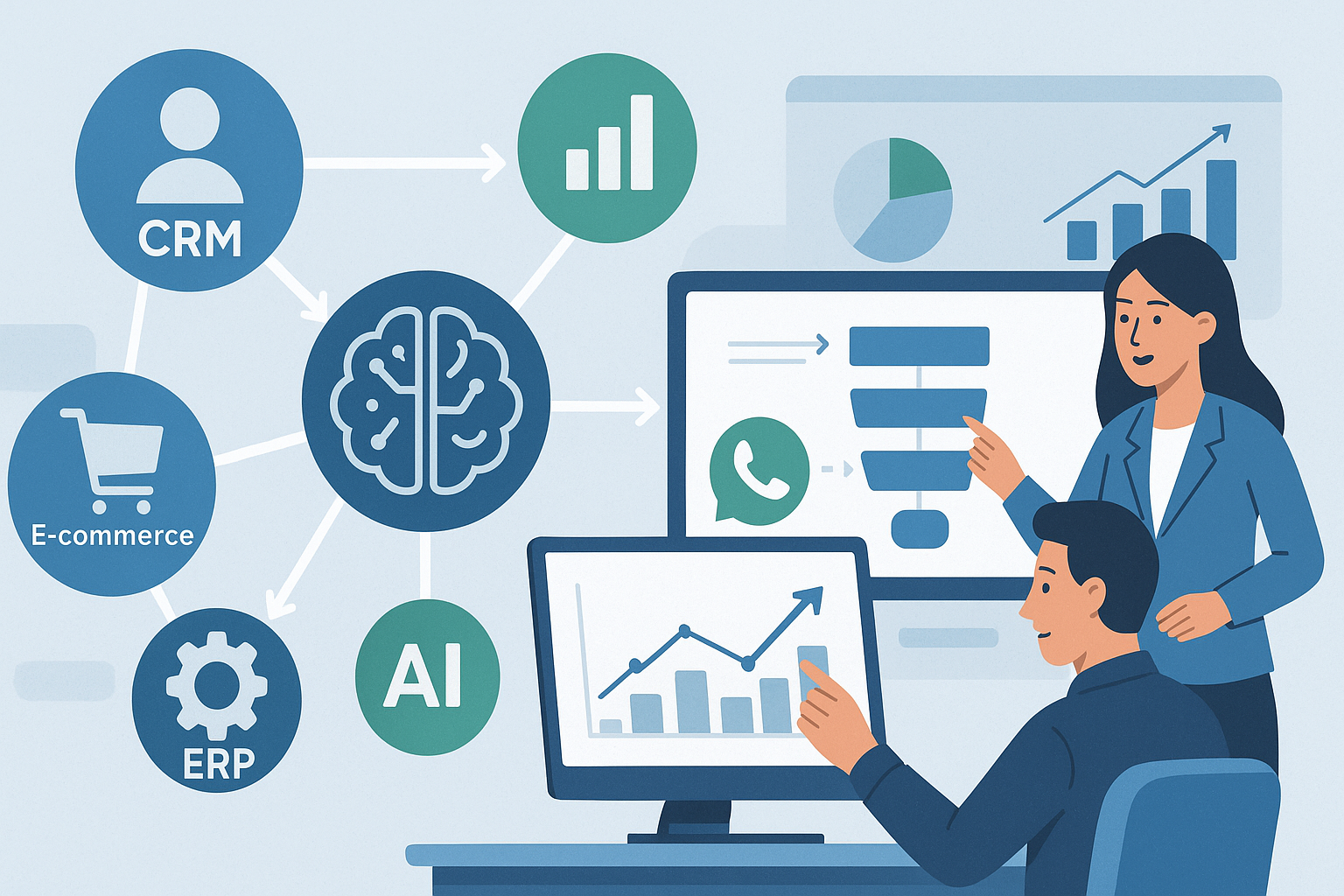 Integraciones entre sistemas: cuando tu CRM, ecommerce y ERP por fin se entienden - visual explicativa 1