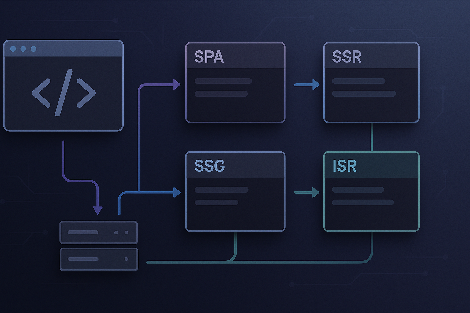 SPA, SSR, SSG e ISR: la sopa de siglas que define si tu sitio vuela o se arrastra - visual explicativa 1