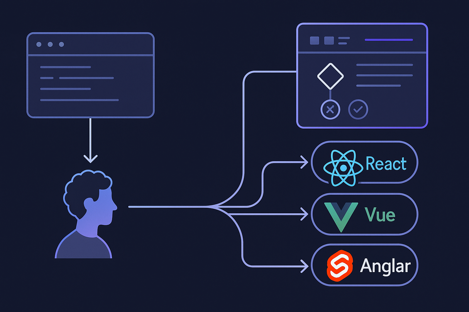 React, Vue, Angular o Svelte: la guerra real (y cómo elegir sin arrepentirte) - visual explicativa 1